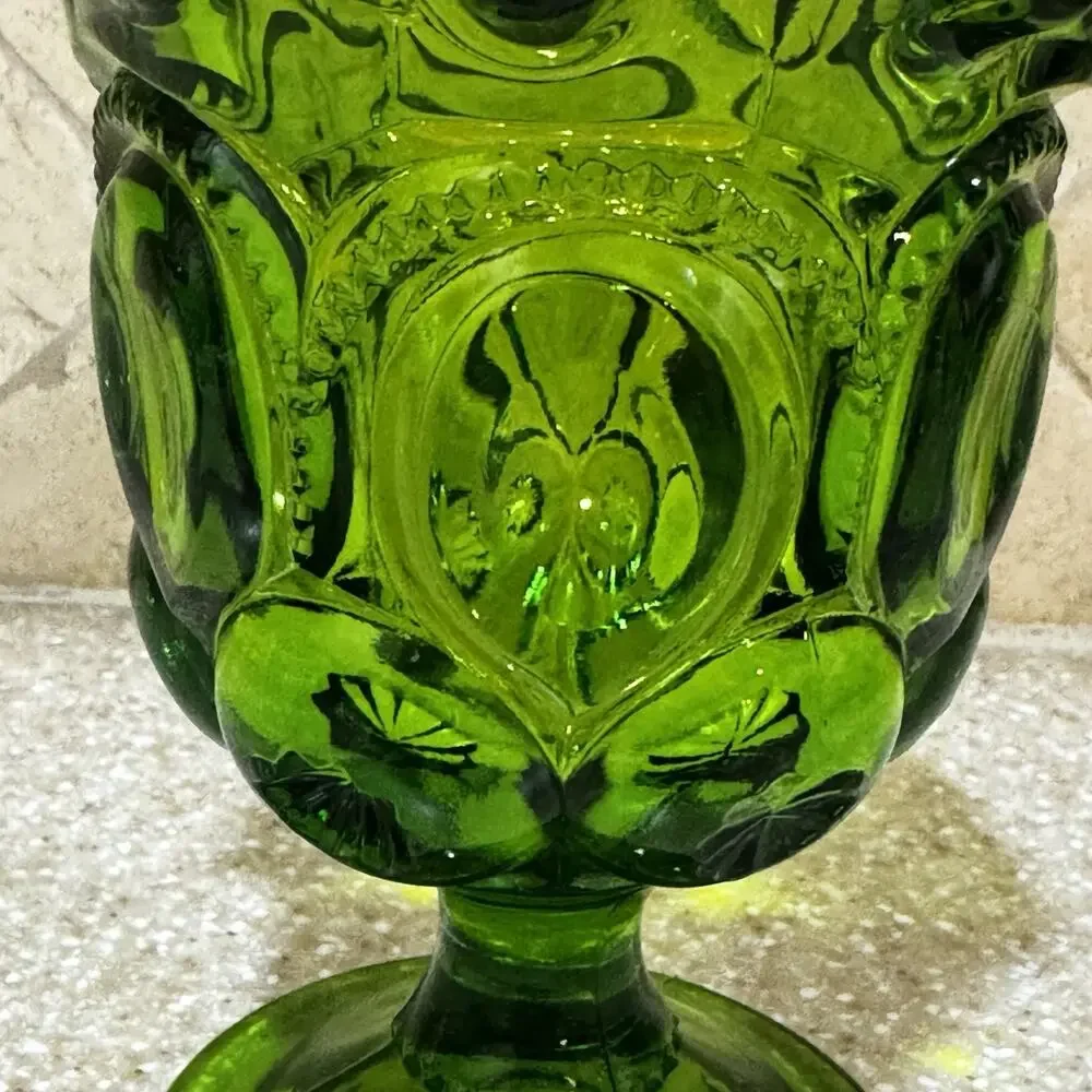 Vintage LE Smith Green Moon & Stars‎ Ruffled Footed Open Vase Compote 5 3/4